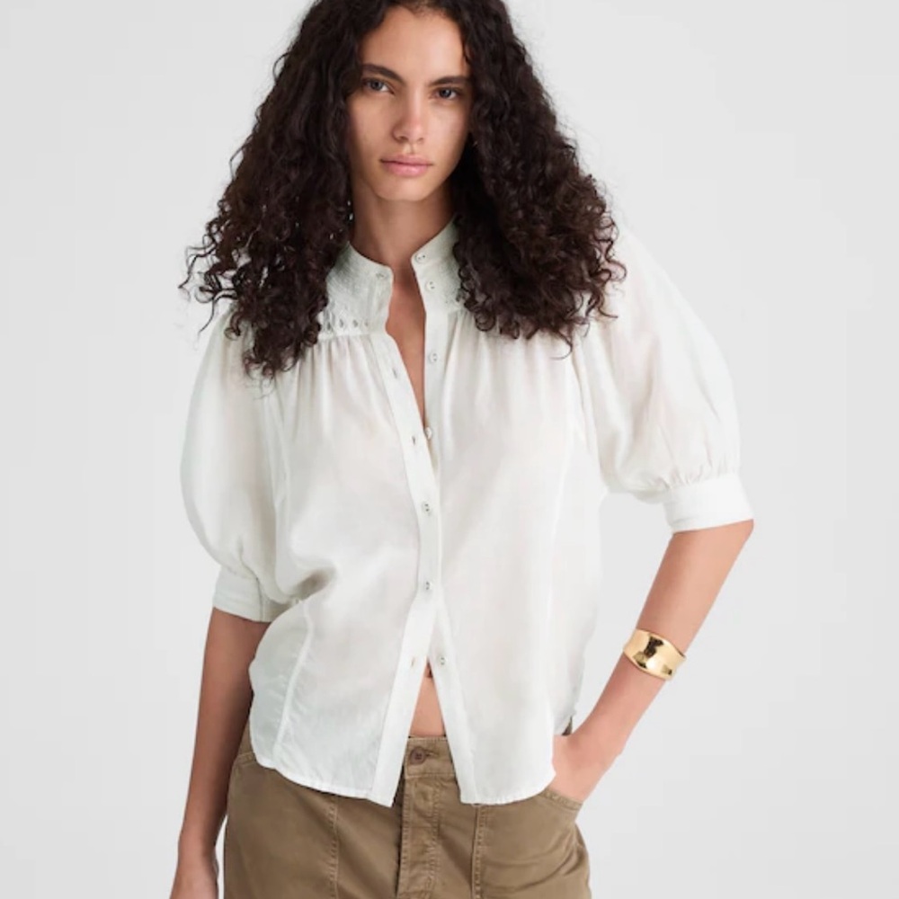 Madewell Puff Sleeve Band Collar Shirt in White Size 12. NWT